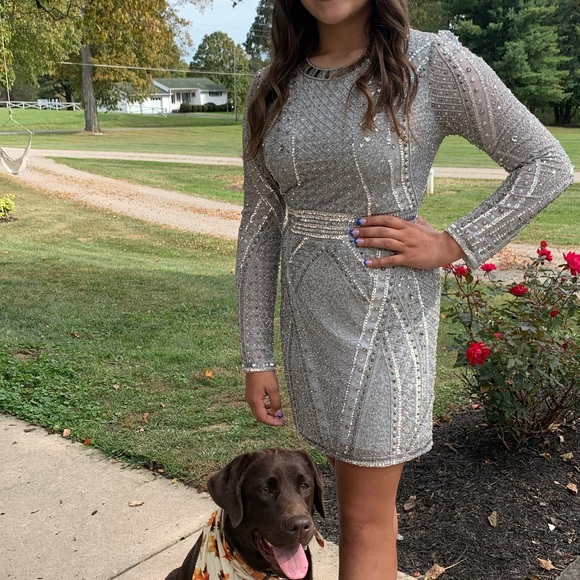 Sherri Hill Silver grey beaded long sleeve homecoming prom mini dress - Picture 1 of 11